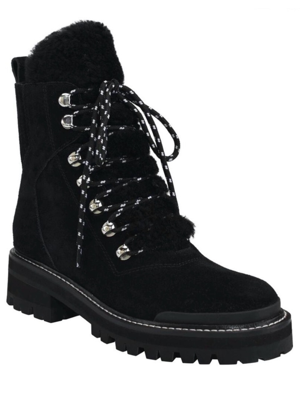 Marc Fisher Black Lace-Up Shearling-Trim Combat Boot